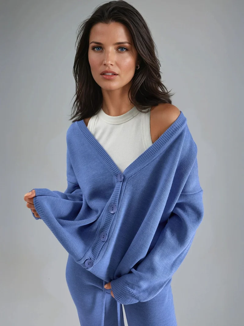 MY FASHION Baby Blue MY FASHION V-Neck Cardigan and Wide Leg Pants Knitwear Set for Women | Best Price UAE